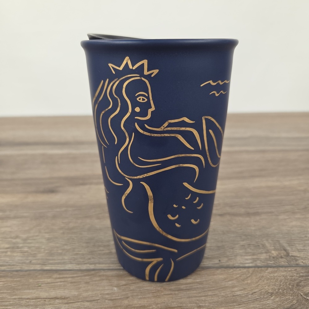 Starbucks 2017 Navy Blue Siren Mermaid Ceramic Tumbler Mug 12oz Anniversary